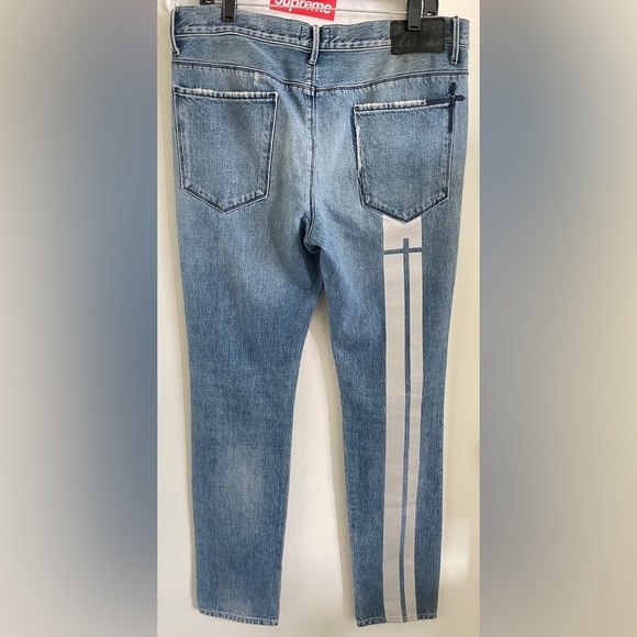 RtA 34W straight Blue Jeans 3M reflective knee rip racing stripe Denim - Picture 3 of 11